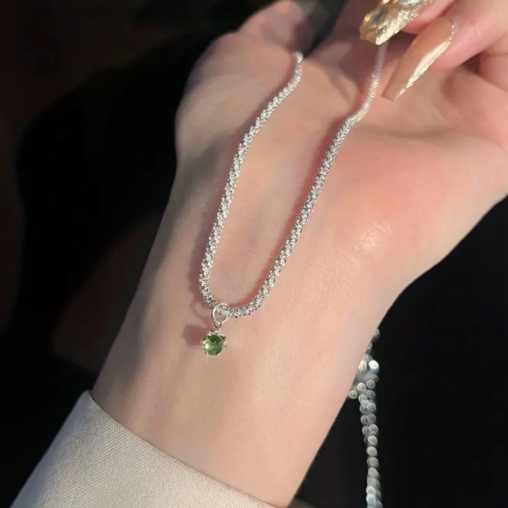 Women's Olive Green Gemstone Solitaire 925 Silver Plated Necklace